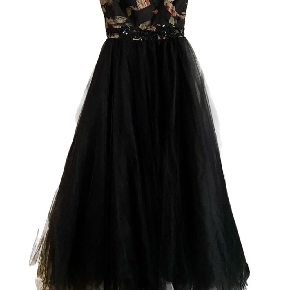 NWT Marchesa Notte Madison Strapless Tulle Gown - Black Floral Size 8